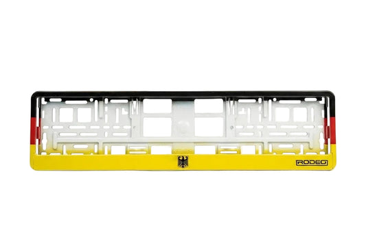 Marco portamatrículas vacío RODEO Edición Alemania. Vista frontal de la estructura de montaje universal y detalles de la bandera germana.