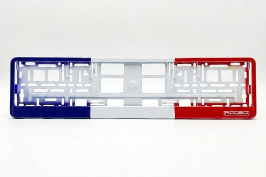 Marco portamatrículas vacío RODEO Edición Francia. Estructura de montaje universal con detalles de la bandera francesa.