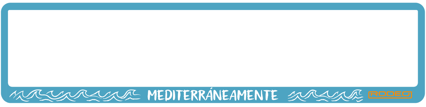 Portamatrículas azul mar con diseño de olas y palabra Mediterráneamente, compatible con la mayoría de coches europeos