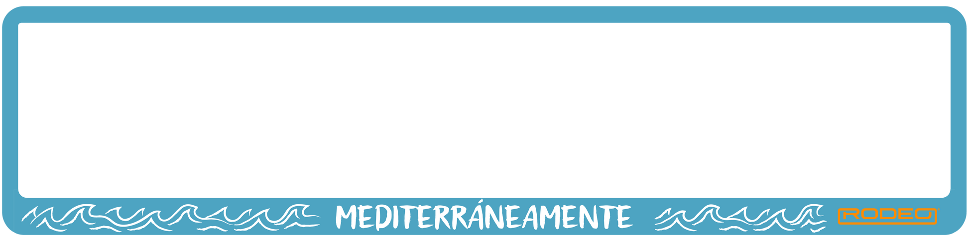 Portamatrículas azul mar con diseño de olas y palabra Mediterráneamente, compatible con la mayoría de coches europeos