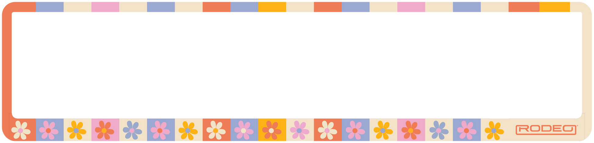 Portamatrículas decorativo con flores y bandas de colores pastel, estilo hippy retro