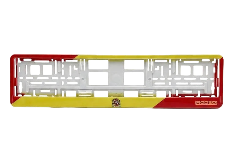 Marco portamatrículas vacío RODEO Edición España. Estructura de montaje universal con detalles de la bandera española.