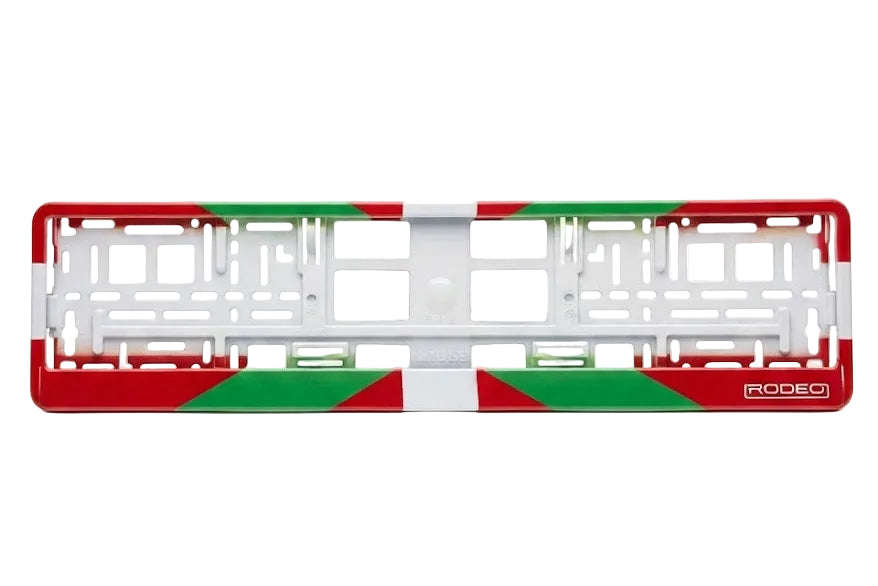Marco portamatrículas vacío RODEO diseño Ikurriña. Estructura de montaje universal con detalles de la bandera vasca.