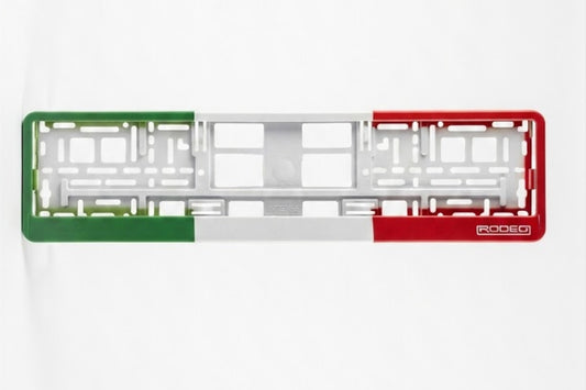 Marco portamatrículas vacío RODEO Edición Italia. Estructura de montaje universal con detalles de la bandera italiana.