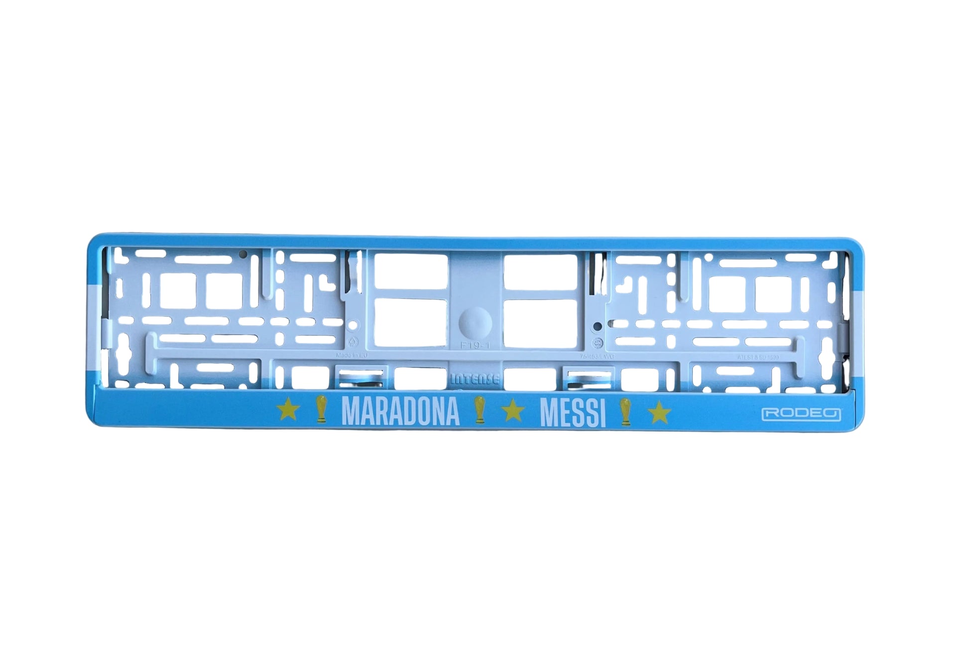 Marco portamatrículas RODEO diseño Argentina Legends. Colores albicelestes con nombres de los mejores y símbolos de campeones del mundo.