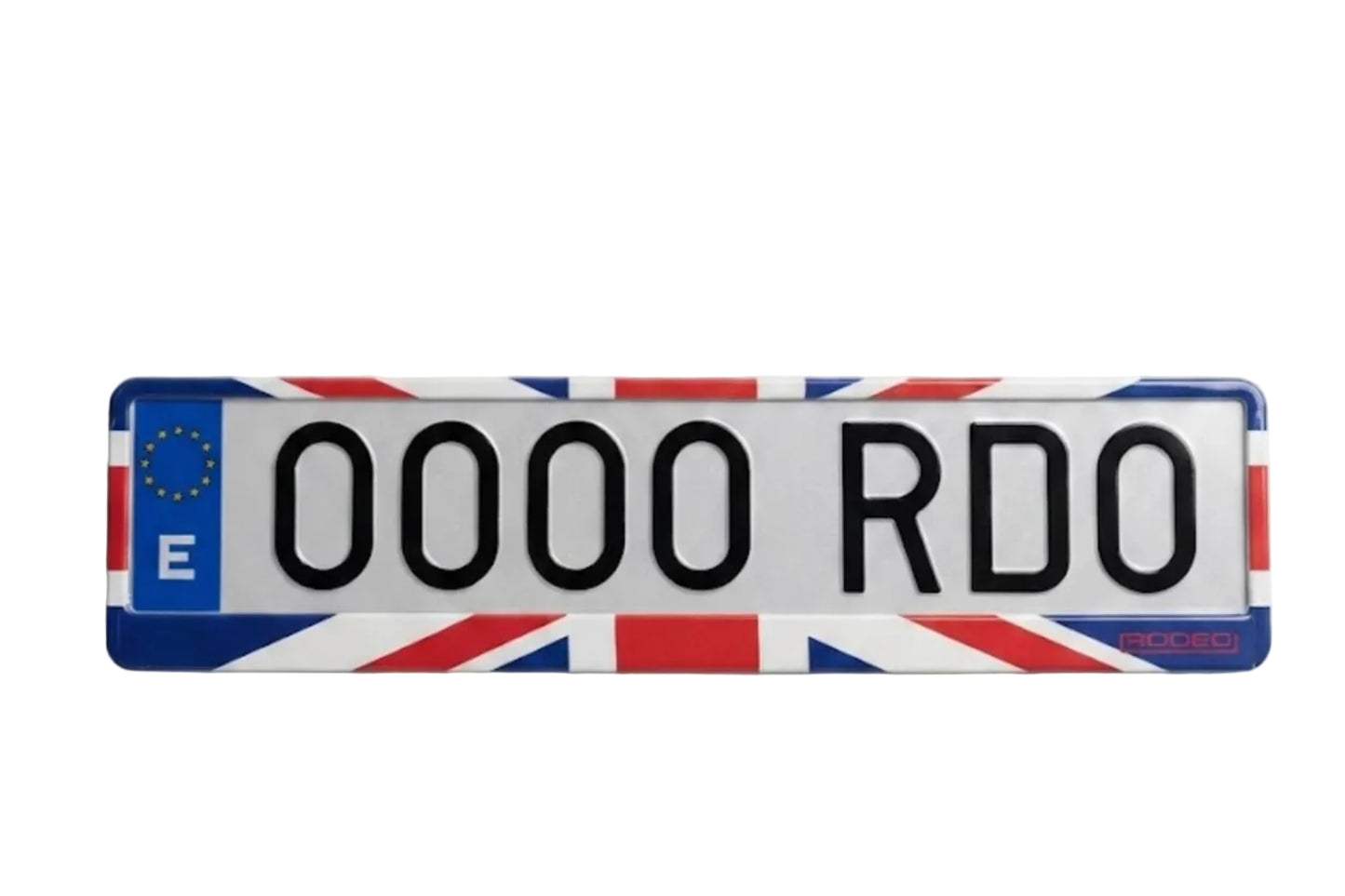 Portamatrículas RODEO negro con la bandera Union Jack de Reino Unido. Diseño elegante montado con matrícula europea de muestra.