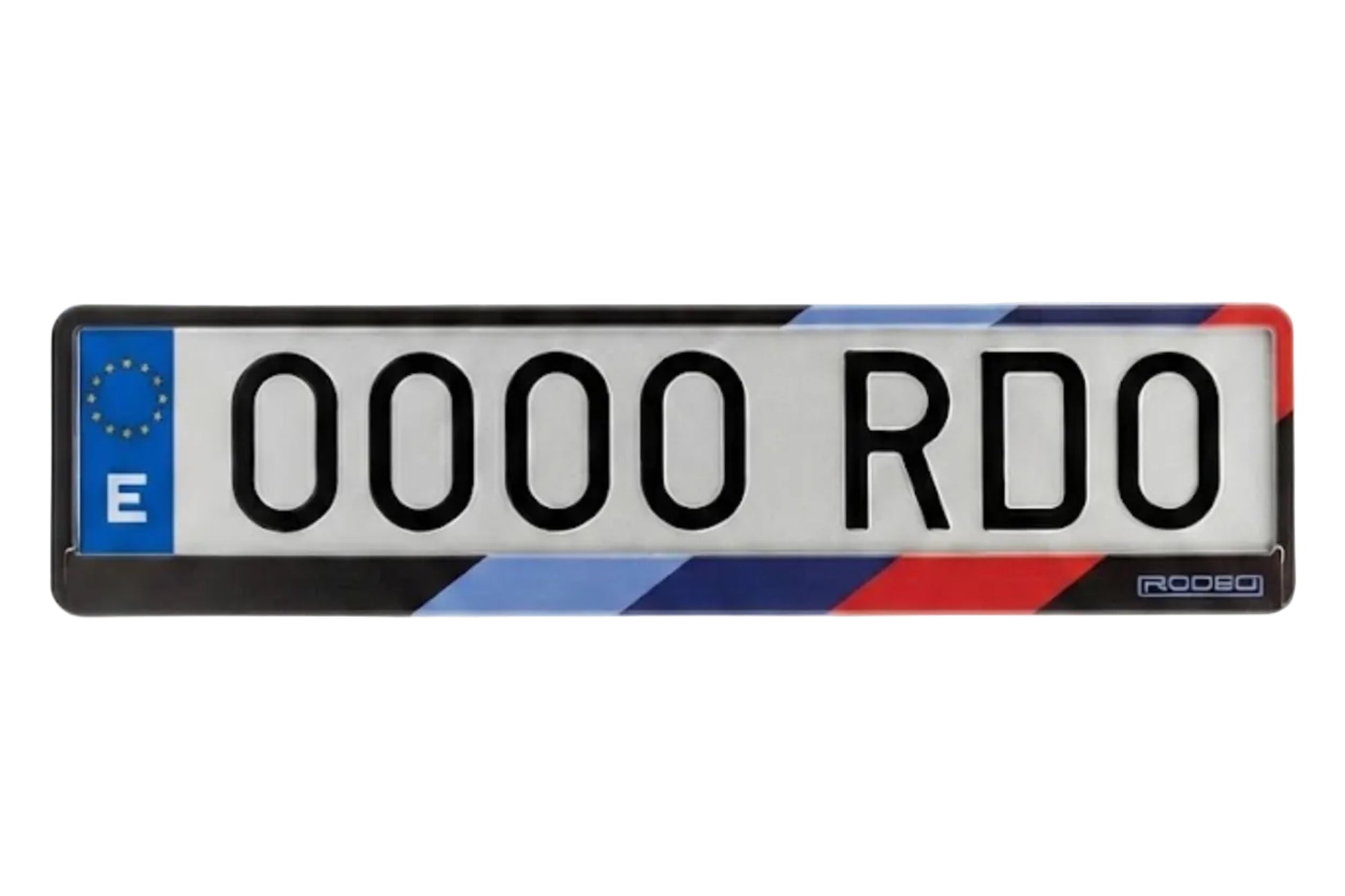Portamatrículas RODEO negro con franjas tricolor estilo M Power. Diseño deportivo montado con matrícula europea.