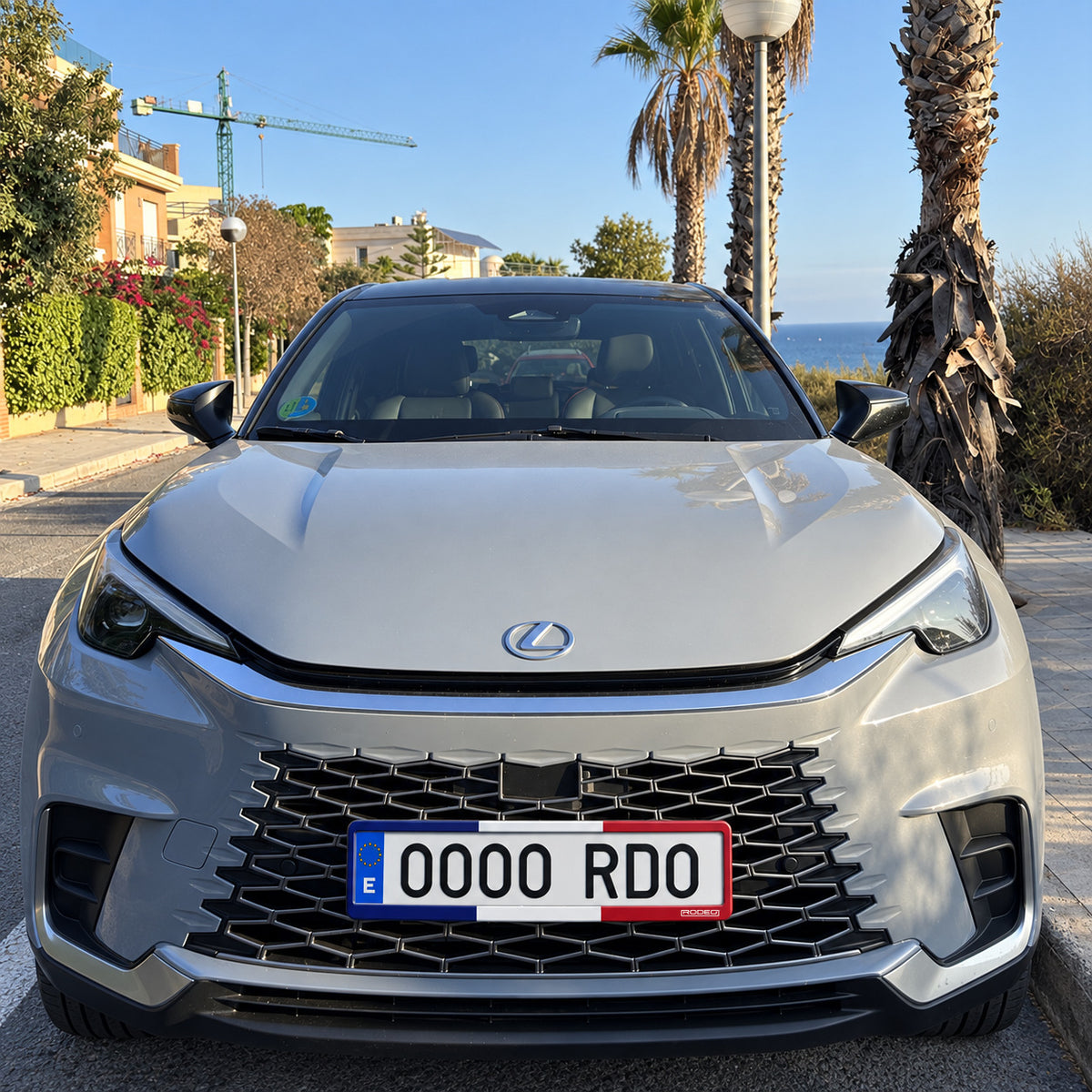 Portamatrículas Rodeo Francia instalado en un Lexus LBX gris en una calle con palmeras.